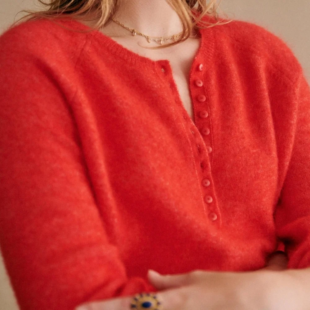 Sezane Red Crewneck Button-Front Sweater - Picture 3 of 9
